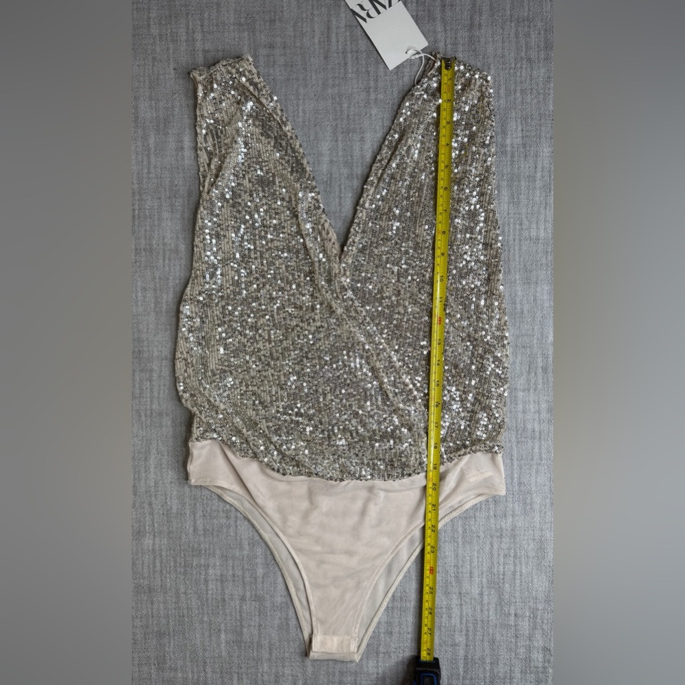 Zara Silver Sequin V-Neck Bodysuit - Picture 8 of 11